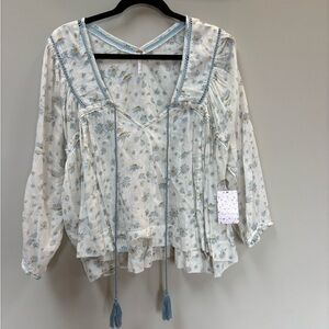 Free People Cream Floral V-Neck Peasant Blouse with Light Blue Trim